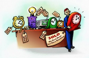 cartoon of clocks with for sale tags & man holding a clock with sold tag